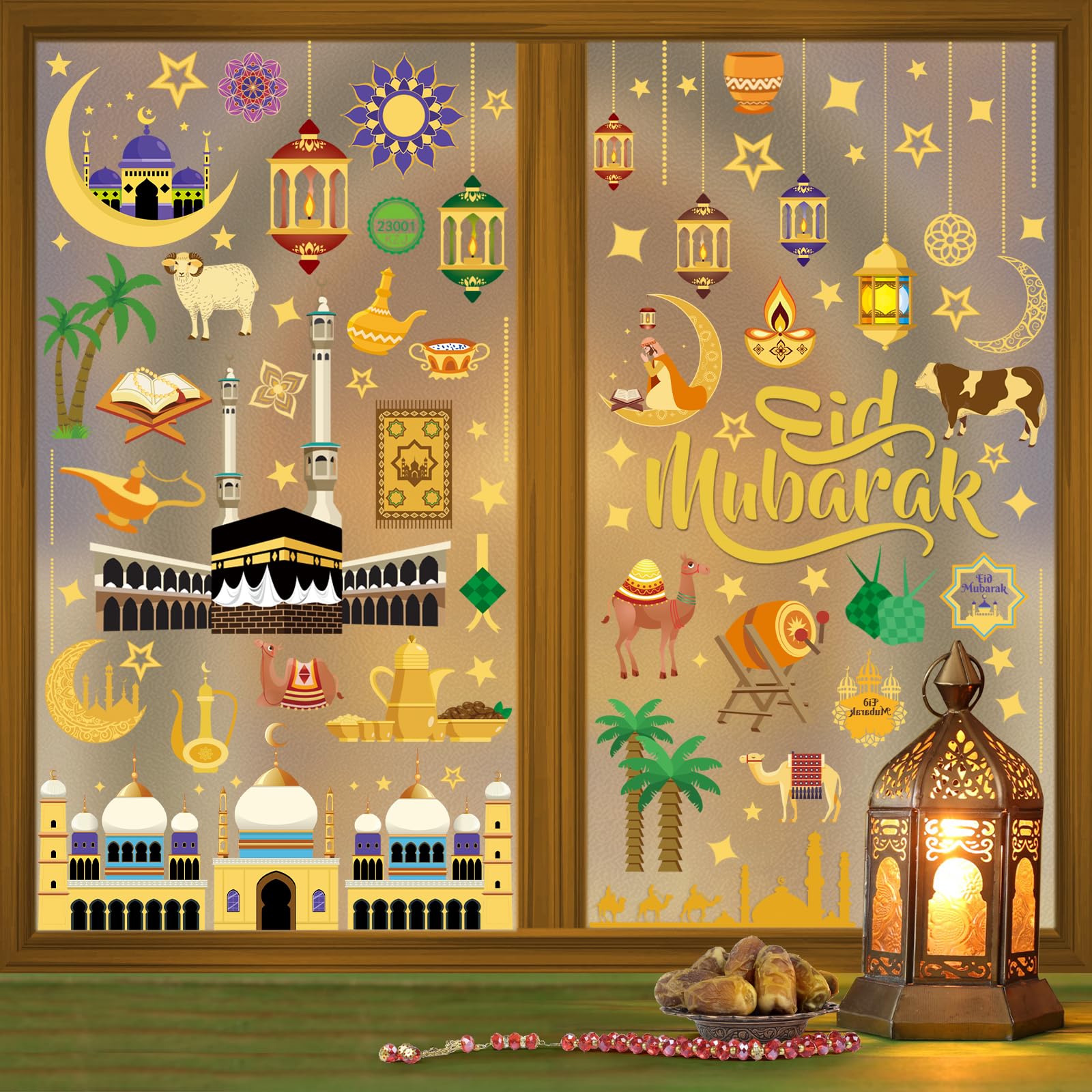 CANCJ Ramadan Window Stickers, Pack of 9, Eid Mubarak Decorative Sticker, PVC Material, Reusable, Star Crescent Moon Pattern, Indoor Use