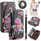 AJDJTEN for iPhone 17 Pro Max Wallet Case, Magnetic Removable PU Leather Flip Phone Case with Card Holder, RFID Blocking Wristband, Mirrored Zipper Wallet for Women Black