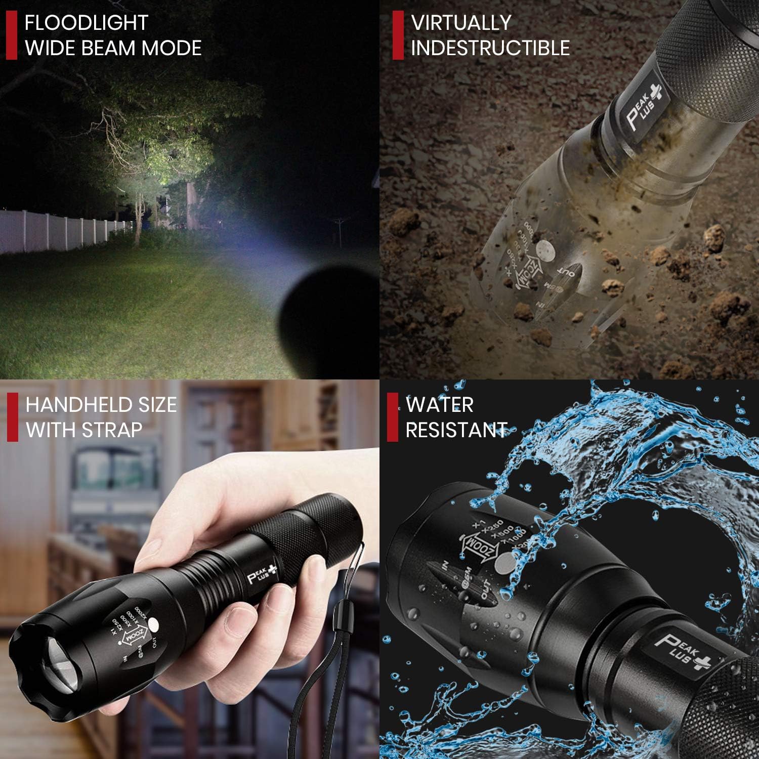 PeakPlus Rechargeable Tactical Flashlight LFX1000 (18650 Battery and Charger Included) - High Lumens LED, Super Bright, Zoomable, 5 Modes, Water Resistant - Best Camping, Emergency Flashlights: Sports & Outdoors