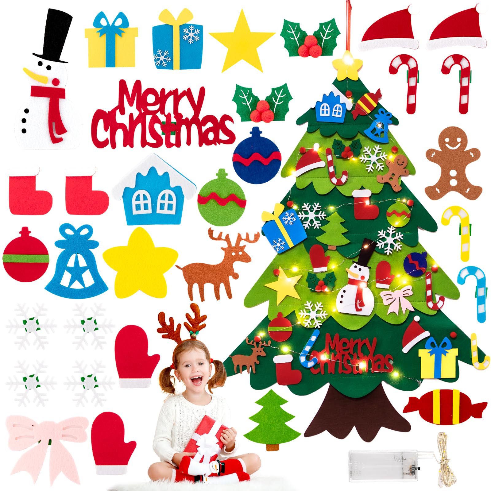 TonJin Felt Christmas Tree Set for Toddlers Kids with 3m/9.8ft Led String Light, 3.2ft/98cm Wall Hanging DIY Christmas Tree with 32 Detachable Ornaments for Xmas Home Decoration