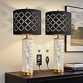 Oneach 27.75" Modern Table Lamps Set of 2, Gold Bedside Lamp with Crystal Nightlight, USB A+C, Black Grid Shade, Unique Desk 