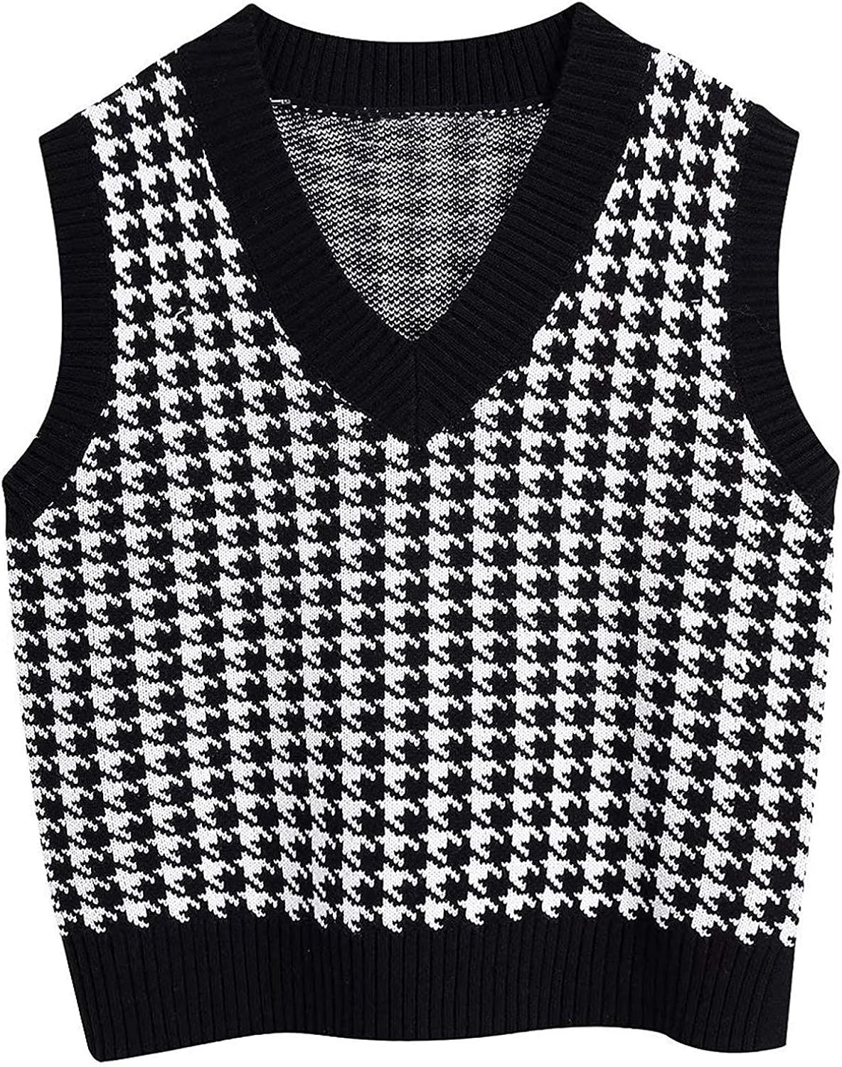 Women Houndstooth Pattern Knit Sweater Vest Sleeveless Loose VNeck