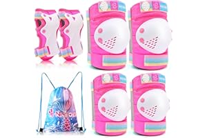 NEMONE Mermaid Knee Pads for Kids, Girls Boys Knee Elbow Pads Wrist Guards with Drawstring Bag, Adjustable Reflective Protective Gear Set for Roller Skates Bike Cycling Skateboard Scooter