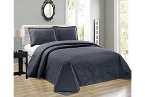 ELEGANT HOME DECOR Elegant Home Beautiful Over Sized Dark Grey Charcoal Solid Color Embossed Floral Striped 3 Piece Queen/Full Size Coverlet Bedspread (Queen/Full, Charcoal)