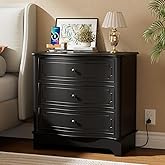 3 Drawers Dresser for Bedroom with Charging Station, 28" Wide Small Chests of Drawers, Farmhouse Wood Nightstand Bedside Cabinet End Table for Bedroom, Living Room, Closet, Hallway, Black
