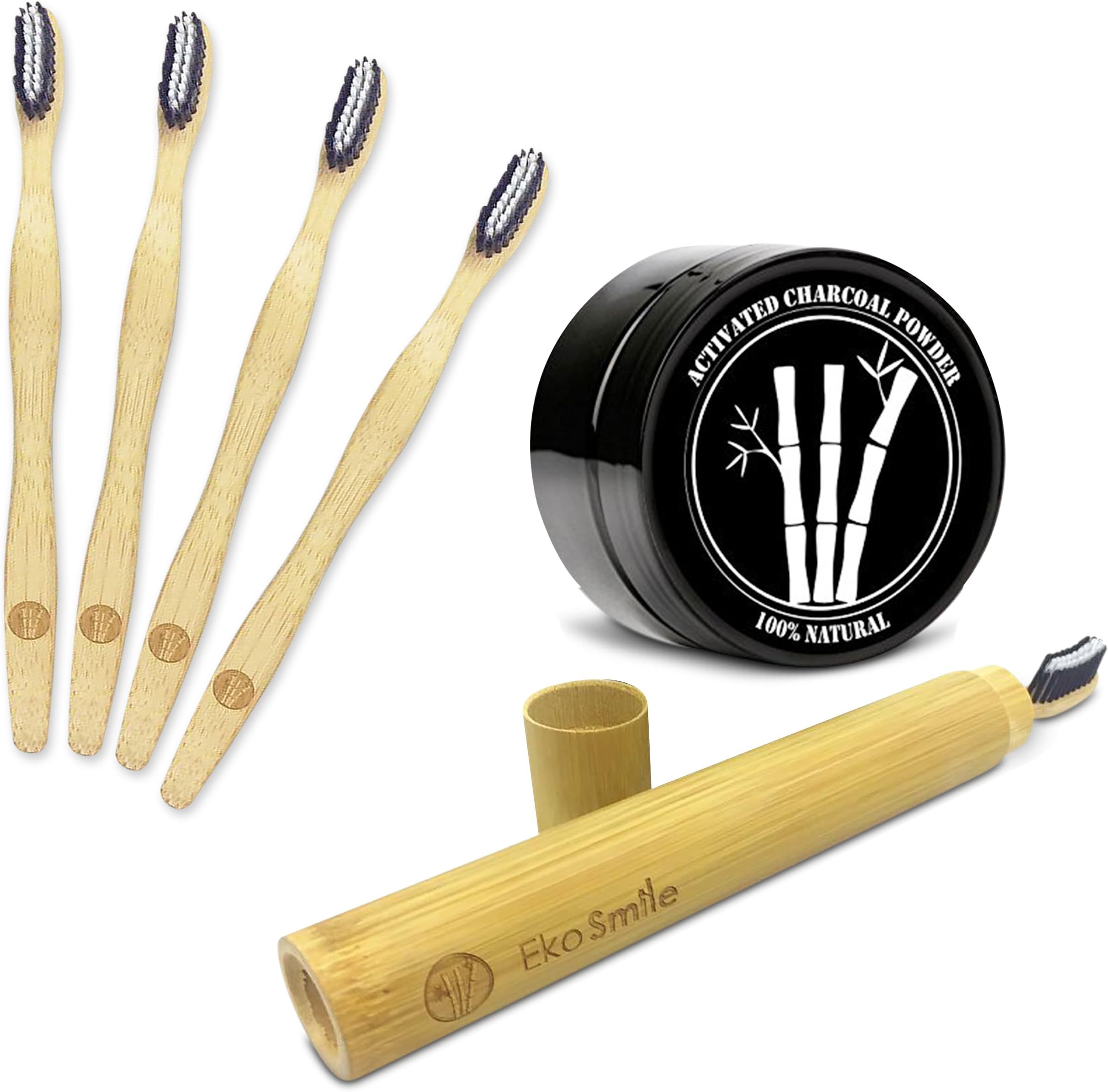 Teeth Whitening Charcoal Powder with Bamboo Toothbrush (4) + Free Toothbrush Holder | Natural Oral Care Set by EkoSmile