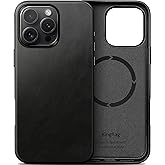 kingflag Genuine Leather Case for iPhone 16 Pro Max 6.9 inch, Compatible with MagSafe, Oil Wax Top-Grain Leather, Metal Buttons and Camera Bezel Midnight Black