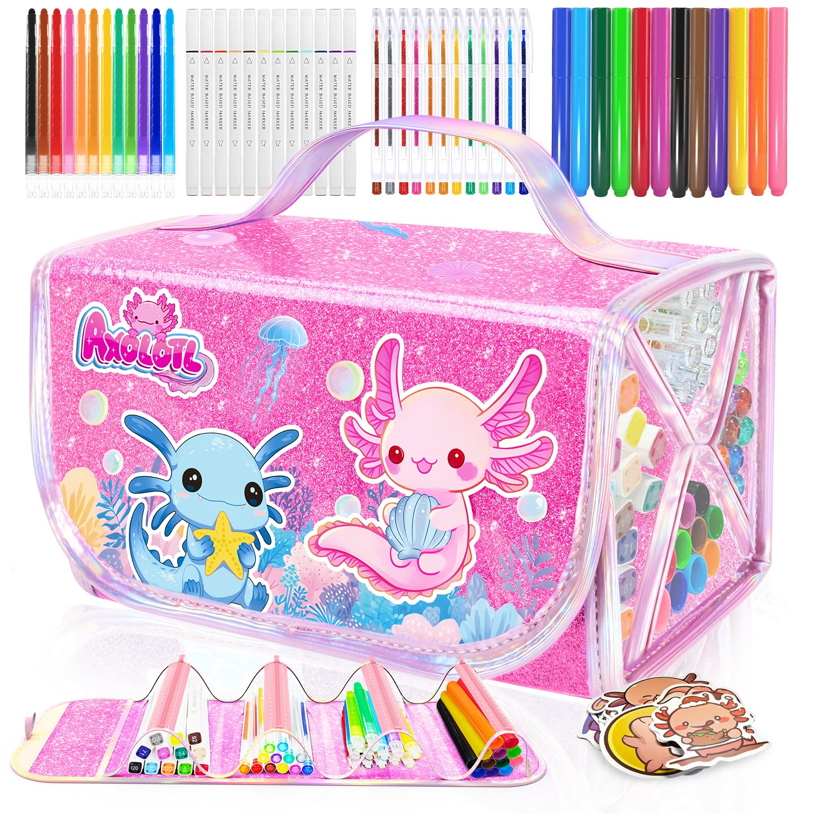 JYPS Washable Colouring Set with Pencil Case, 70 PCS Axolotl Kids Art Pens Set with Scented Glitter Pens,Markers, Crayon, Travel Art and Craft Drawing Set, Easter Gifts for Kids 4-10 Years