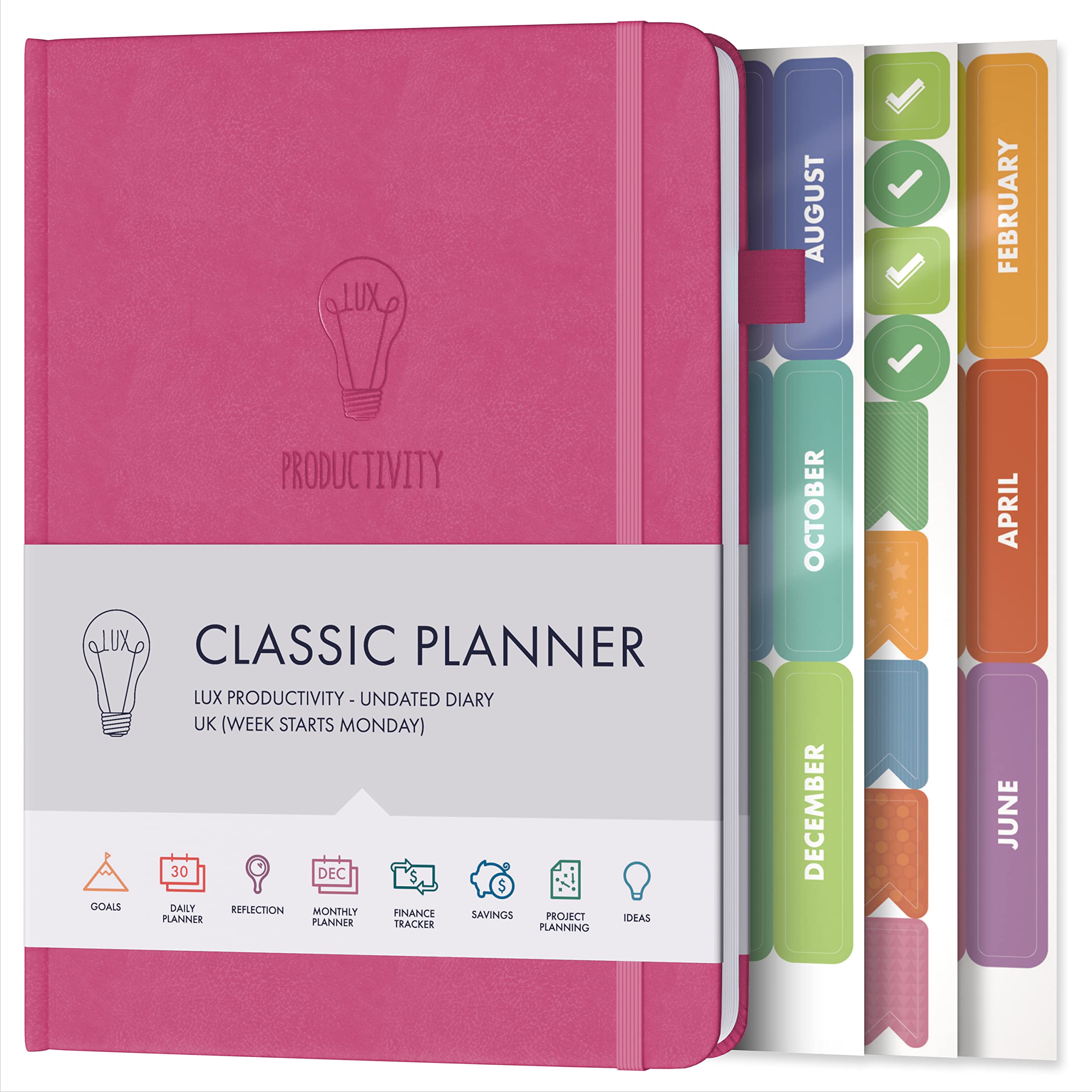 Daily Planner & appointment diary - Gratitude journal, wellness journal & Undated weekly planners and organisers - Desk journals for women & men - LUX Productivity Classic (HOT PINK)