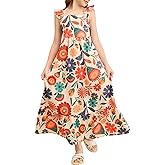 BEAUDRM Girl's Floral Maxi Dress Ruffle Tropical Print Trim Shirred Dresses Vacation Beach Flowy Maxi Tank Dress