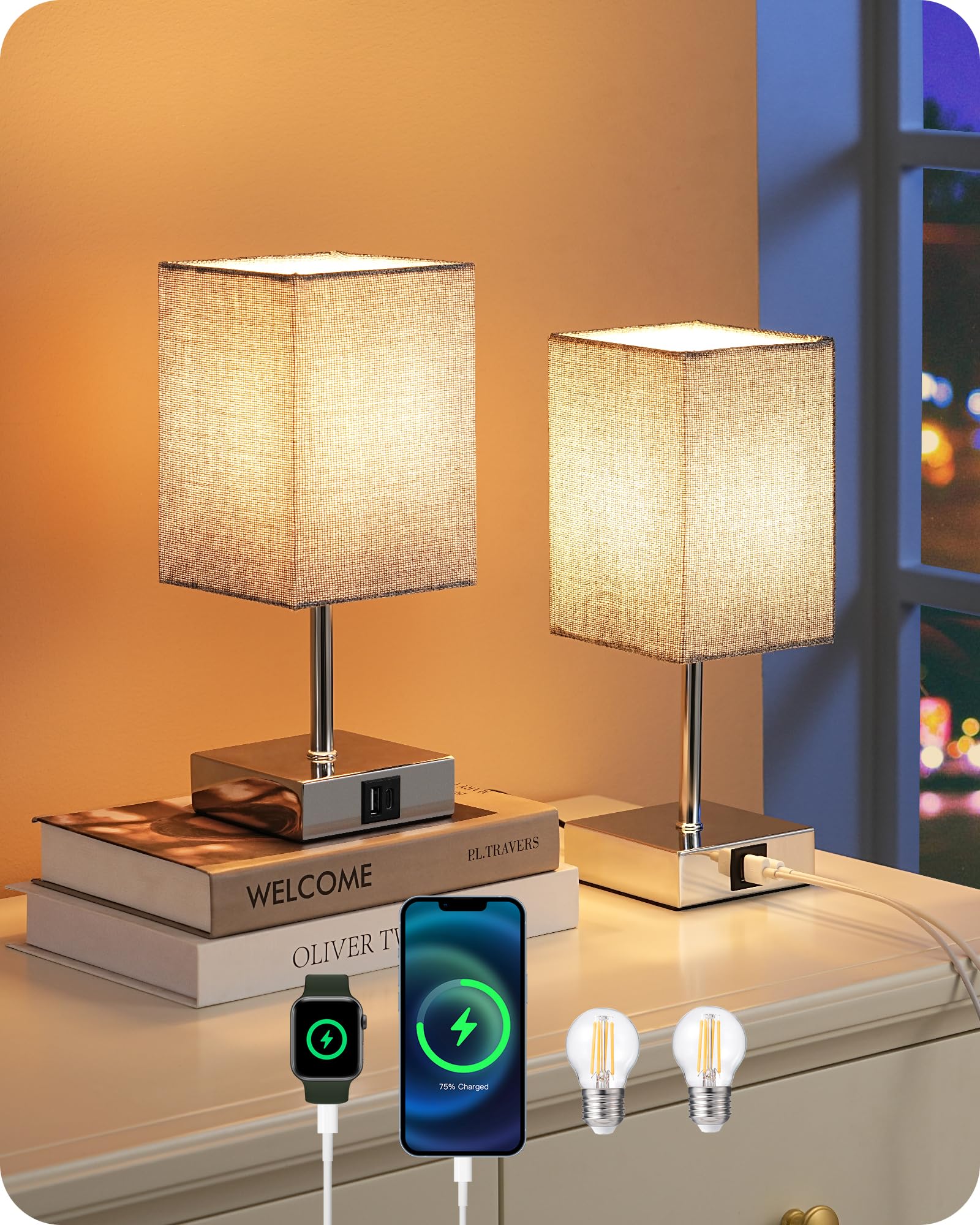 EDISHINE Bedside Lamps Set of 2, 3 Way Dimmable Table Lamps with USB A+C Charging Ports, LED Bulb Included, Touch Lamps for Bedroom, Living Room, GrayLinen Lampshade, 2700K
