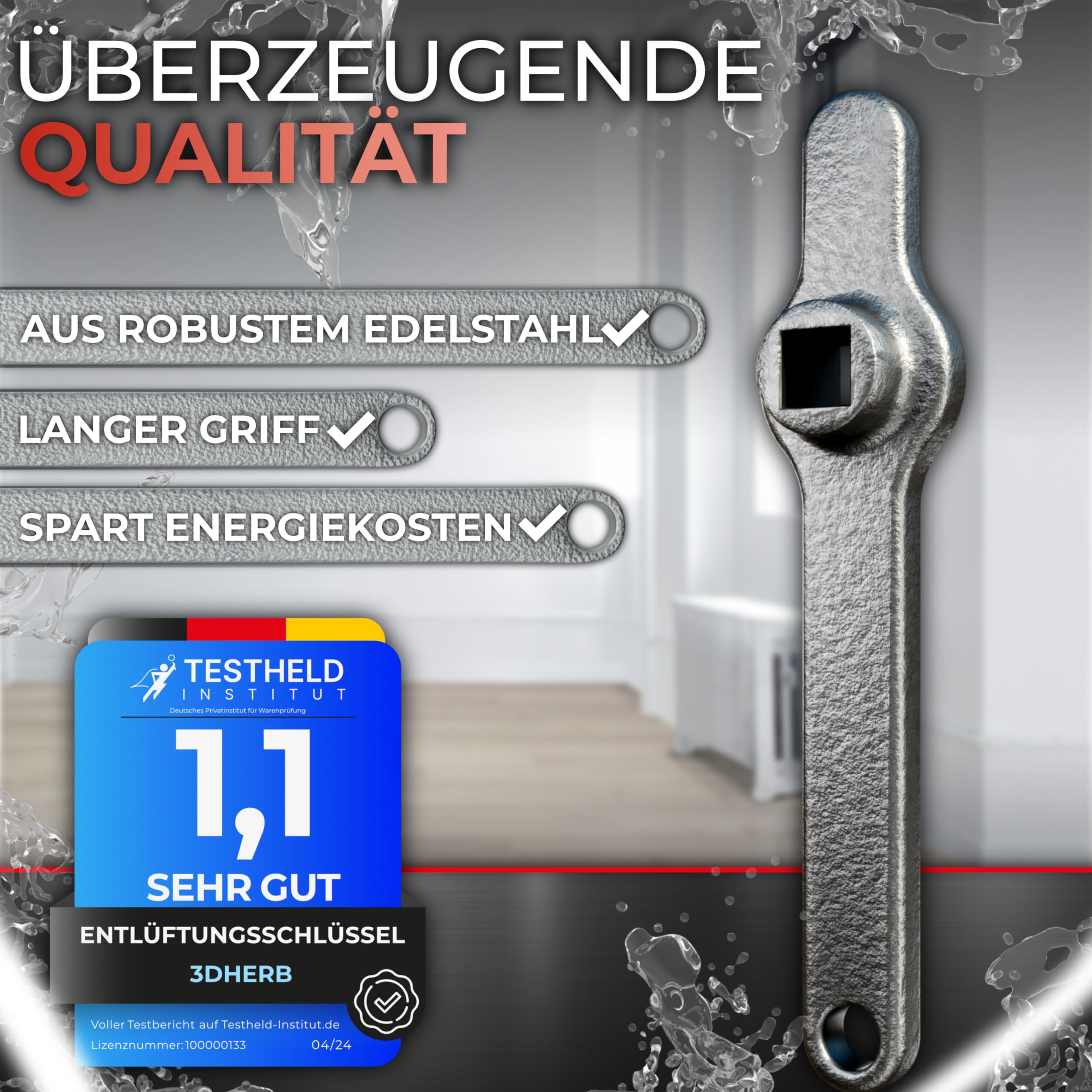 3DHerb Entlüftungsschlüssel, Edelstahl Heizungsschlüssel, Heizkörper Entlüftungsgriff, Vierkantschlüssel, Heizung entlüften, aus hochwertigem Edelstahl - DAS ORIGINAL - 3