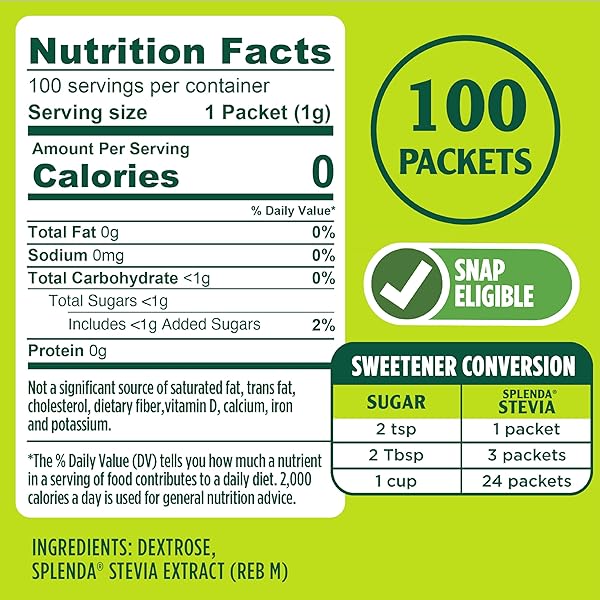 SPLENDA STEVIA ZERO CALORIE SWEETENER, SUGAR SUBSTITUTE PACKETS, 100 COUNT (PACK OF 1)