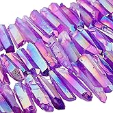 TUMBEELLUWA Rock Quartz Crystal Points Loose Beads for Jewelry Making, Titanium Coated Polished/Raw Quartz Beads 15 Inches Top Drilled,Purple Crystal Points(0.5"-1.6")
