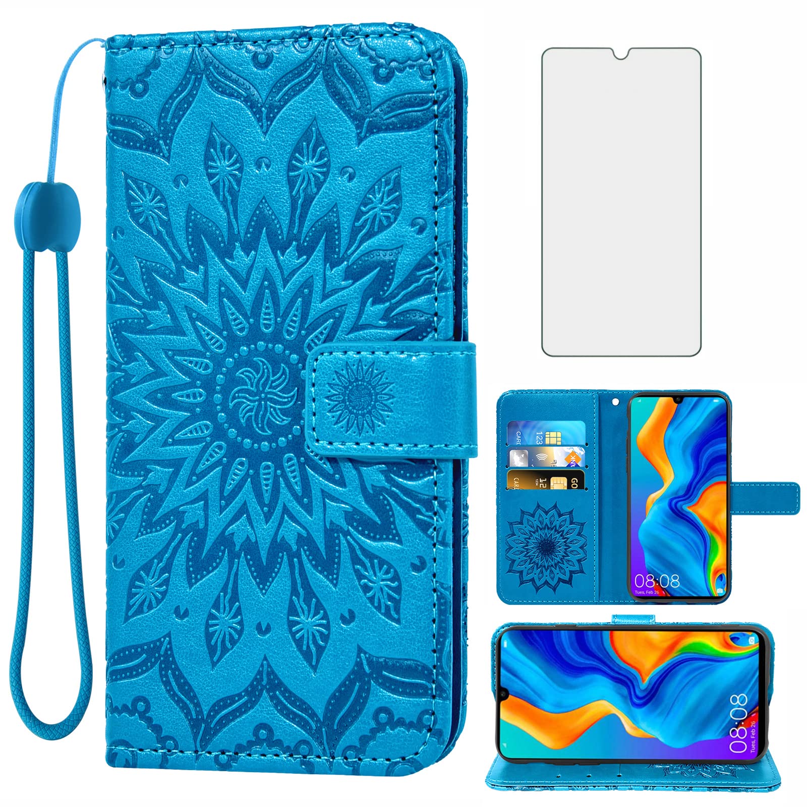 Asuwish Phone Case for Huawei P30 Lite Wallet Cases with Tempered Glass Screen Protector and Leather Slim Flip Cover Card Holder Stand Cell Accessories Hawaii P30Lite P 30 30Lite Women Men Blue — image 1