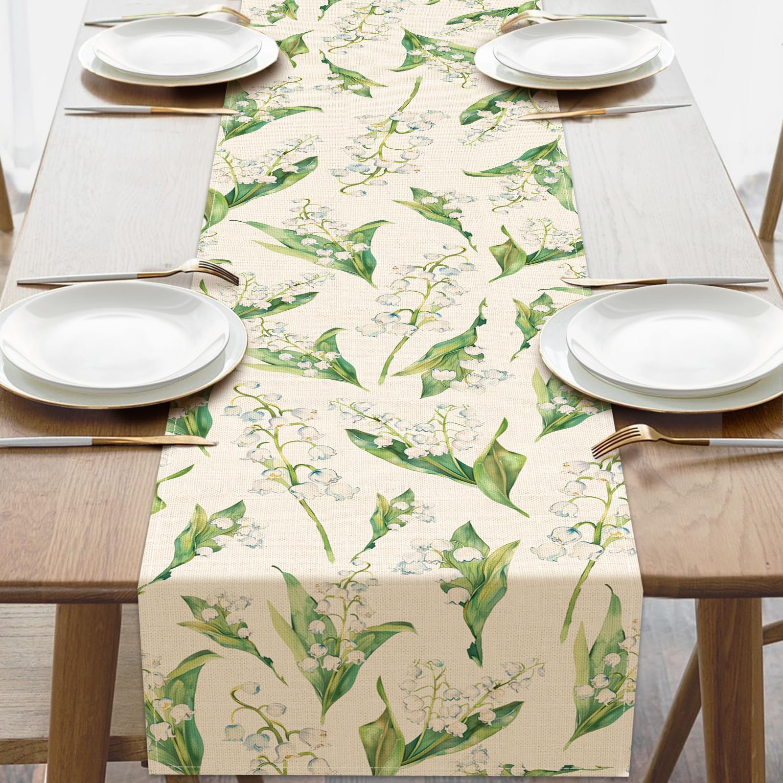 Photo 1 of Croar Watercolor Lily of the Valley Flower Dining Table Runner, Spring Summer Vintage Floral Plants Botanical Burlap Kitchen Decoration, Farmhouse Indoor Outdoor Home Decor Party Supply 13 x 72 Inches