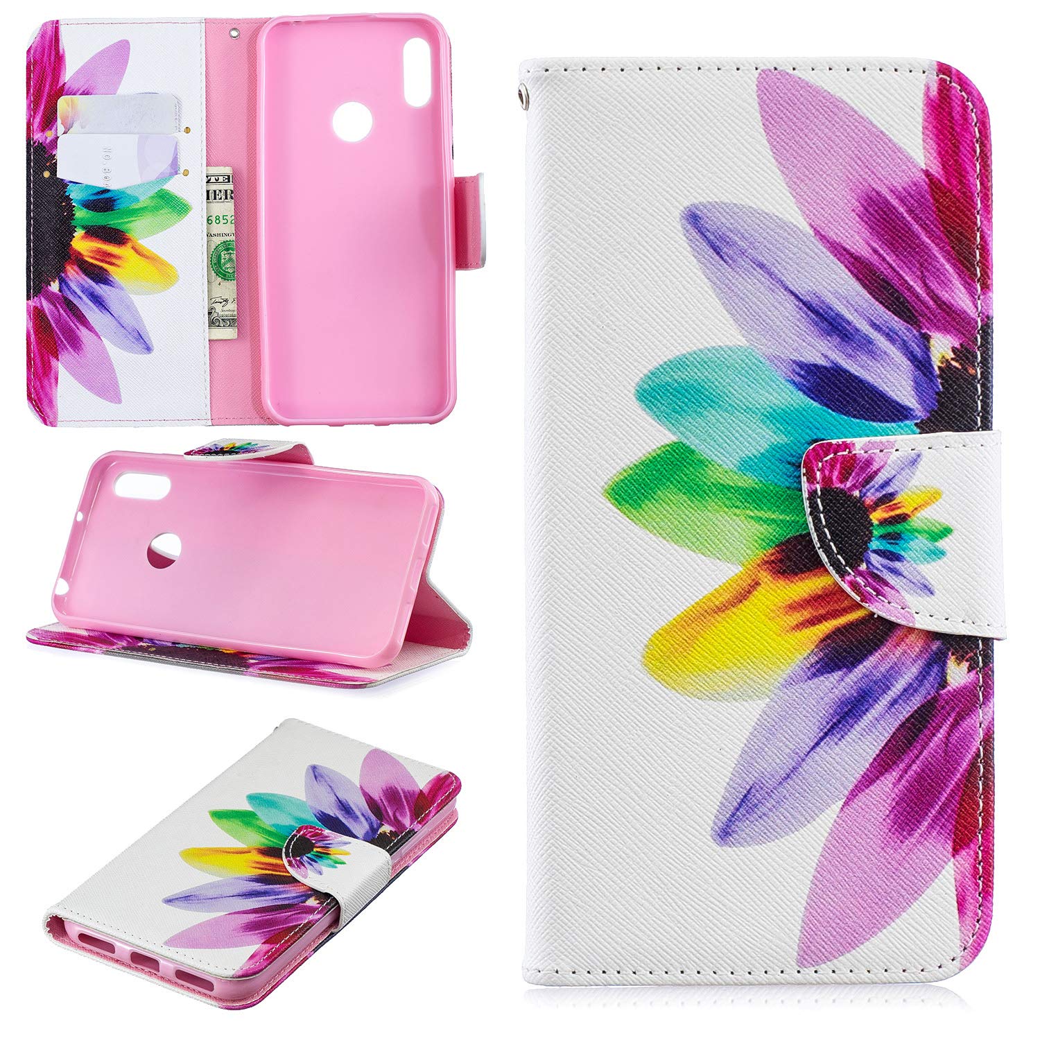 JOMA-E Shop For Huawei Y6 2019 Case, Huawei Y6 Pro 2019 Case,PU Leather Wallet Phone Case Flip TPU Shockproof Shell Slim Fit Protective Cover with Stand Magnetic Closure for Huawei Y6/Y6 Pro(Petal) — image 1