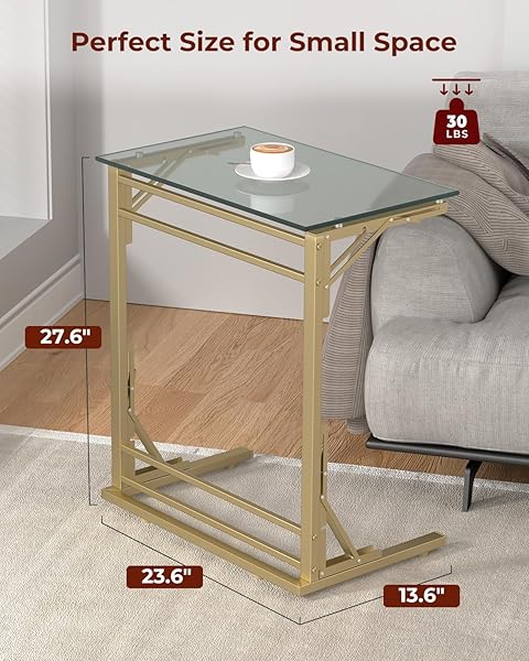 TATUB 24″ FOLDING TV TRAY TABLE SET OF 2, GLASS C SHAPED END TABLE FOR COUCH, SMALL SOFA-SIDE LAPTOP DESK WITH GOLD METAL FRAME FOR LIVING ROOM, BEDROOM, BEDSIDE