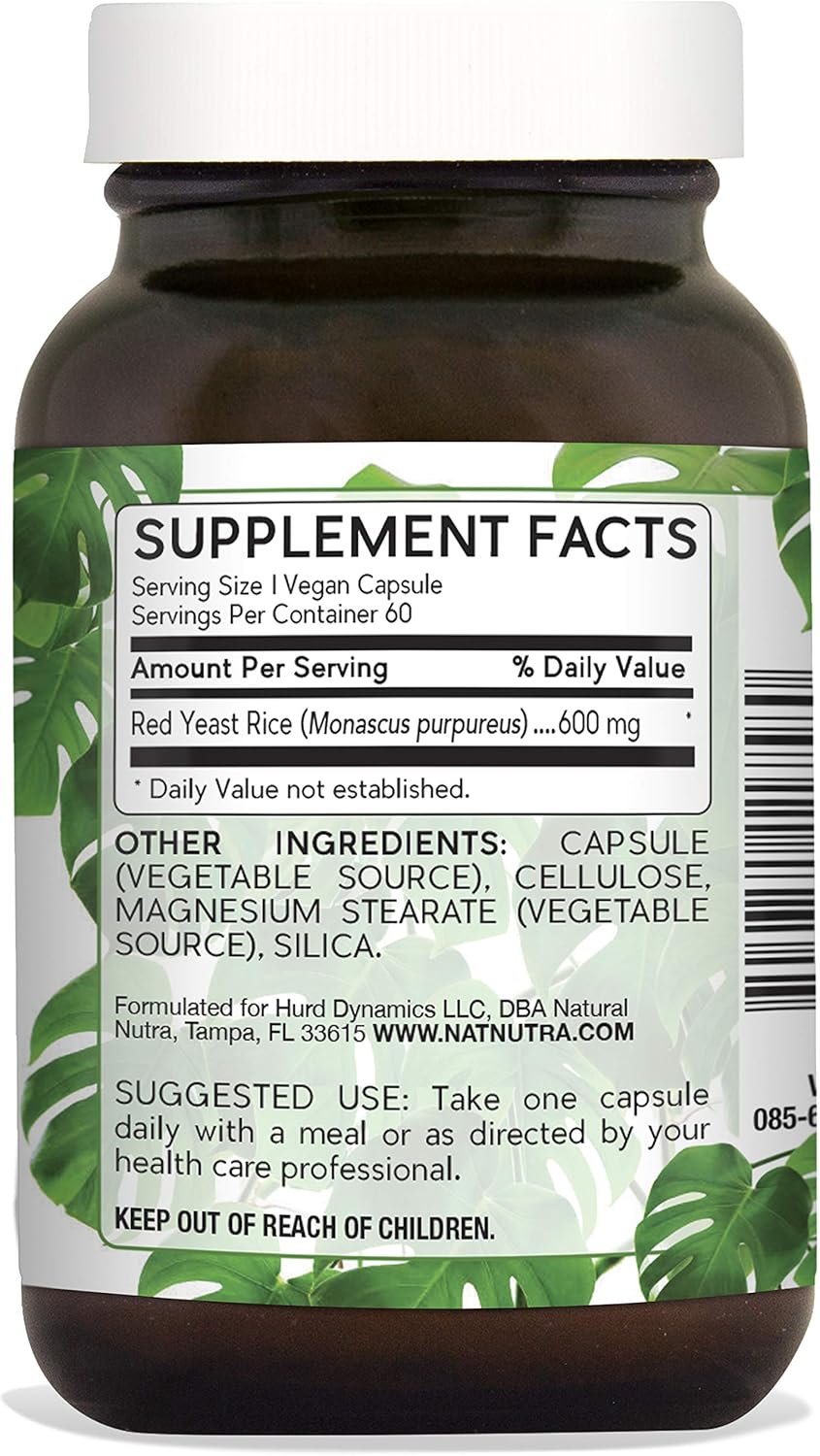Natural Nutra Red Yeast Rice Extract with Monacolin K, Supplement for Cholesterol and Cardiovasculr Support,Stress Relief, Citrinin Free, Soy Free, Gluten Free Supplements, 600 mg, 60 Vegan Capsules: Health & Personal Care