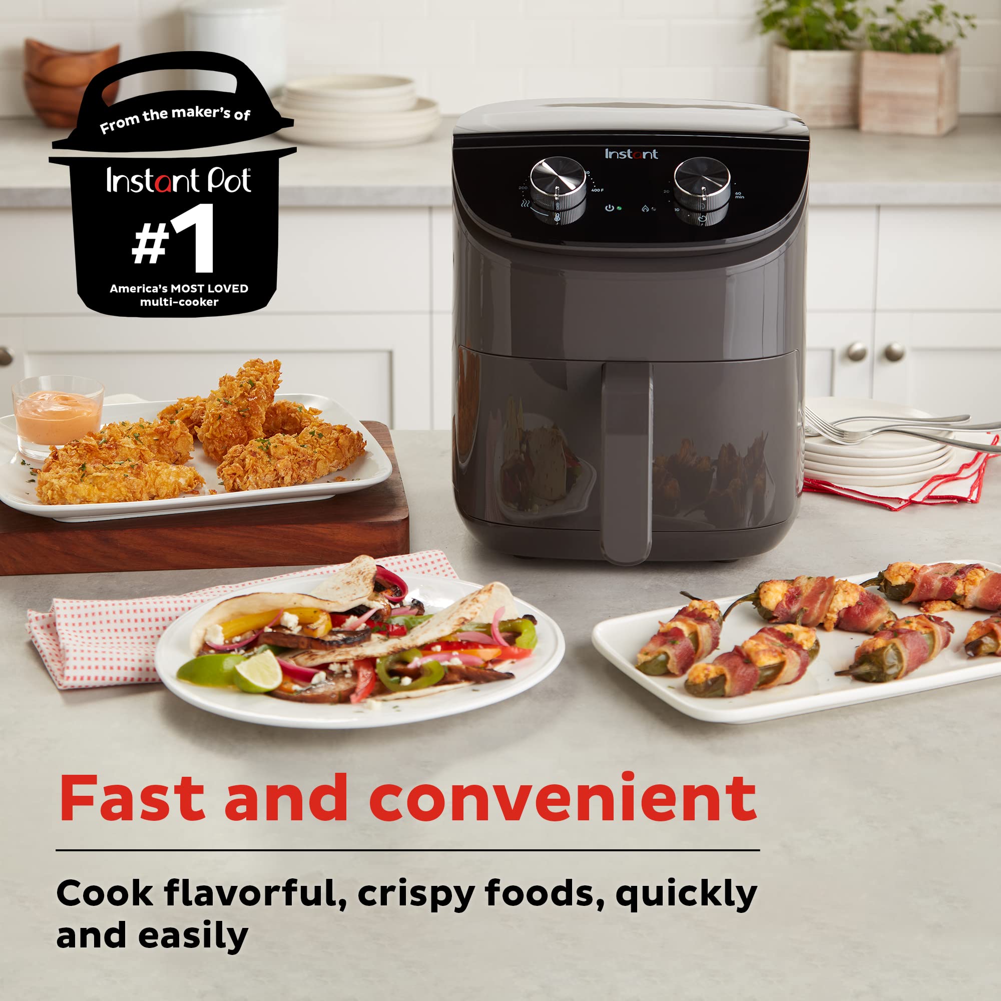 Freidora de aire Instant Pot Essentials 4QT con tecnología EvenCrisp que dora y recalienta, ajusta fácilmente el tiempo y la temperatura para comidas rápidas, más de 100 recetas en la aplicación, de los creadores de Instant Pot, negra