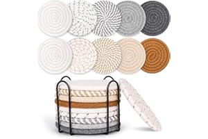 Mckanti 10 Style Drink Coasters with Holder, Absorbent Coasters for Coffee Table, Minimalist Cotton Woven Coaster Set for Home Decor Tabletop Protection Suitable for Kinds of Cups, 4.3 Inches.