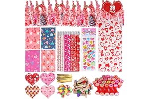 CAKKA Valentines Day Gifts for Kids, 28Pack 252PCS Classroom Exchange Stationery Gift Set with Cards Pencils Erasers Notebooks Stamps Clips Stickers Goodie Bags, Class School Gifts for Valentine’s Day