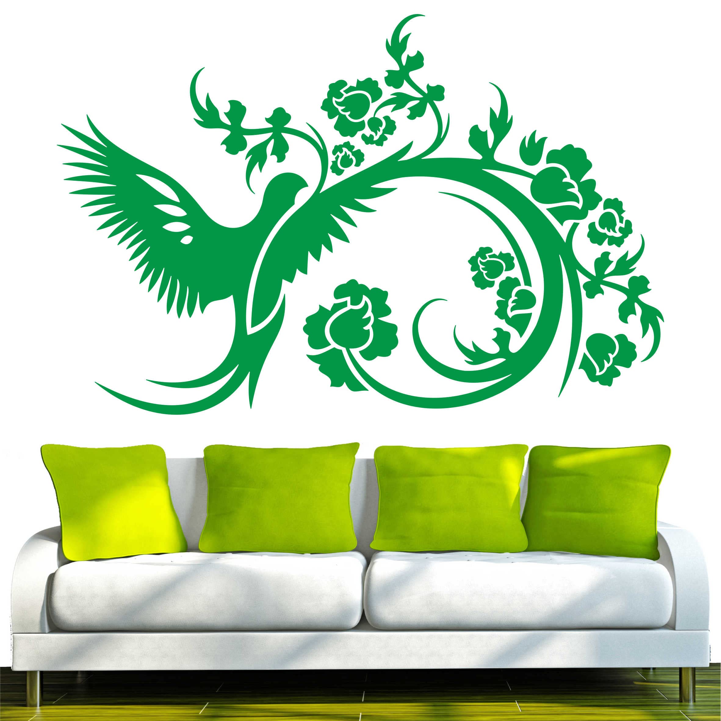 INDIGOS UG Wall Sticker, Wall stickers – D37 Abstract Tribal/Large Bird on Filigree Spiral with a range of beautiful flowers, Vinyl, Green, 40 x 26 x 1 cm