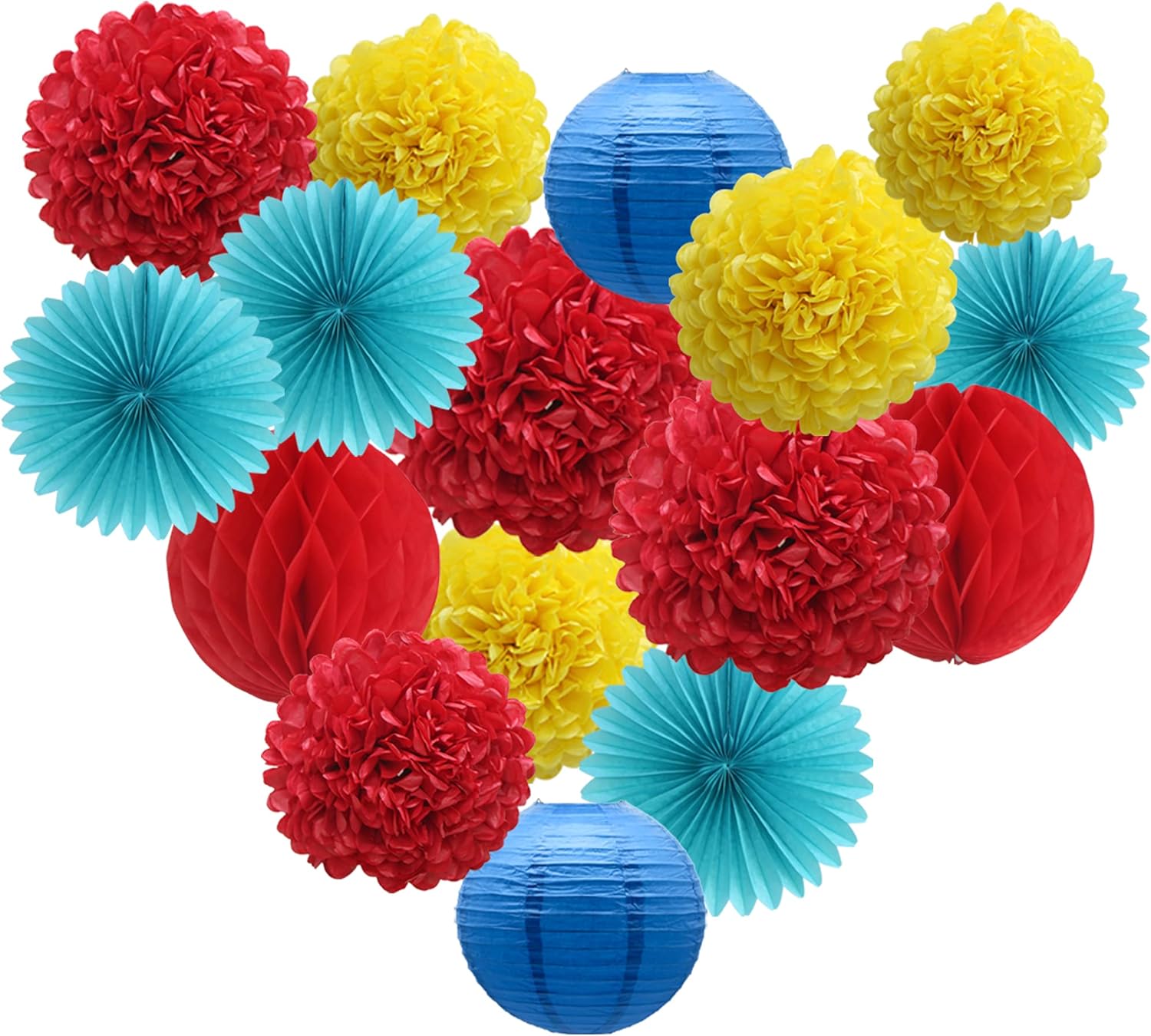 ADLKGG Red Yellow Blue Party Decorations, Hanging Paper Fans Pom Poms Flowers Lanterns Honeycomb Balls for Welcome Back to School Decor Carnival Circus Wedding Birthday