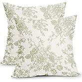 Vintage Floral Pillow Covers 20x20 Inch Set of 2 Sage Green and Cream Floral Throw Pillow Covers Chinoiserie Flower Pillowcases Rustic Farmhouse Cotton Linen Cushion Covers for Couch Bed Sofa Decor
