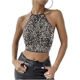 MakeMeChic Women's Sequin Halter Top Sparkly Tie Open Back Party Club Crop Tops