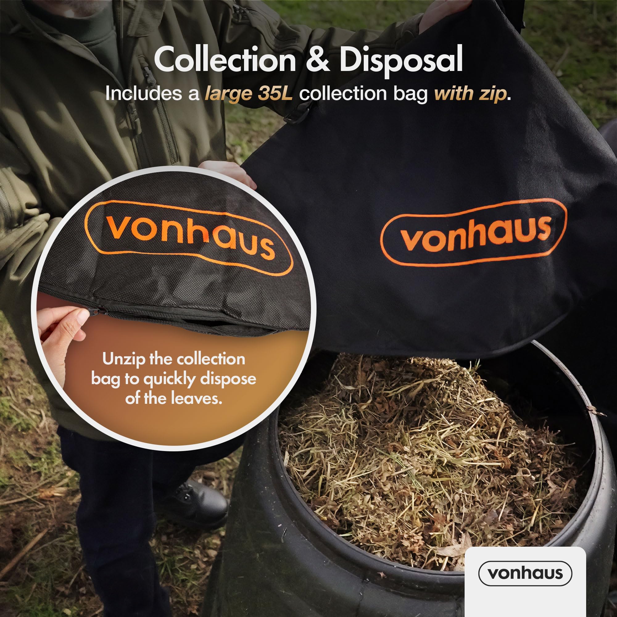 VonHaus Leaf Blower and Vacuum 3000W – Corded Leaves Collector, Clear Gardens, Patios, Gutters, Driveways & More – Lightweight, 10m Cable, Shoulder Strap, Wheels, 35L Collection Bag – 3 Year Warranty