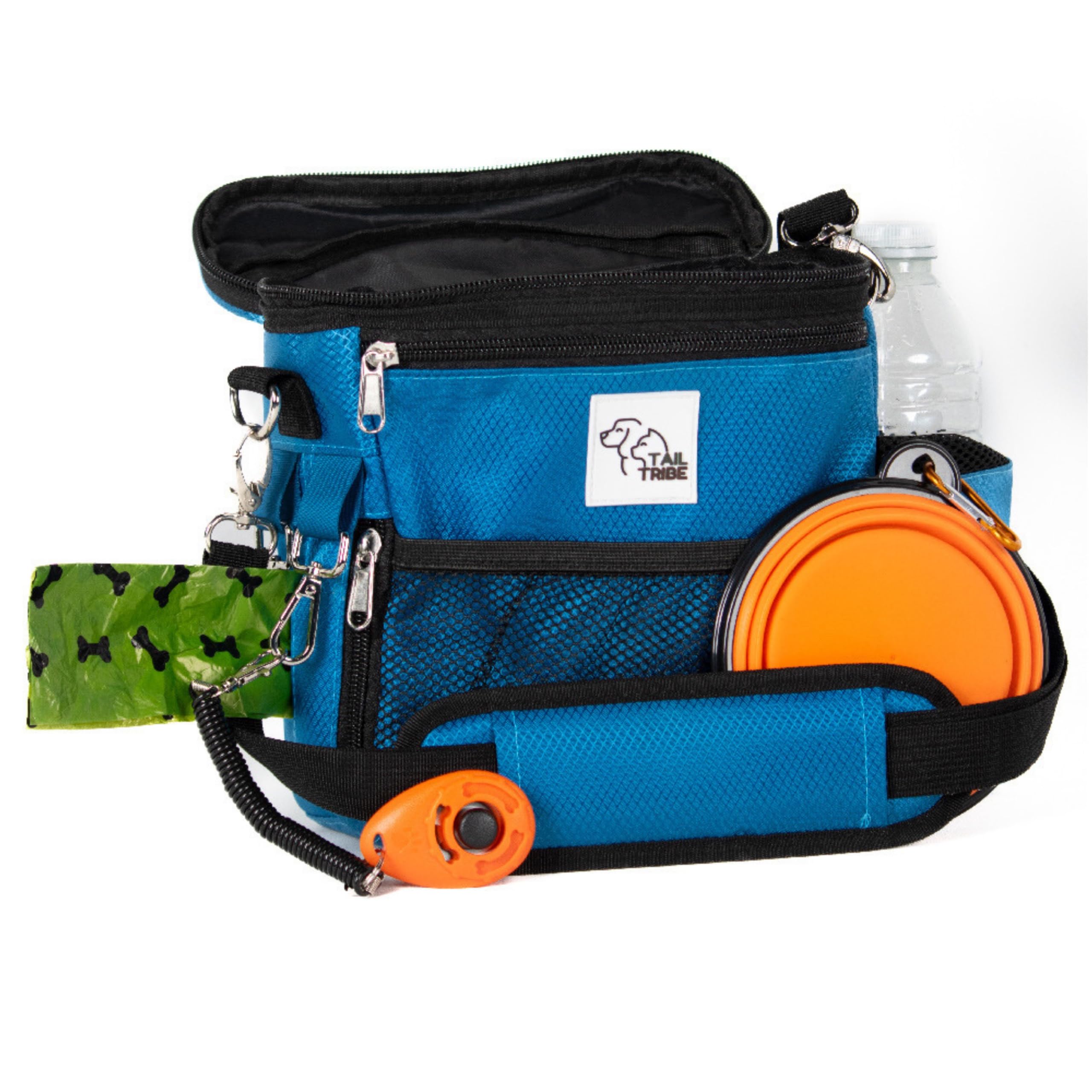 TAIL TRIBE Dog Walking Bag. UK Brand dog treat pouch includes removable liner, dog walking accessories water bowl, poop bags & training clicker (Blue)