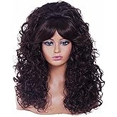 Gerulyss Long Brown Wig for Women Vintage Curly 60's 70's 80's Wig with Bangs Retro Beehive Fluffy Queen Costume Wig for Halloween,Party