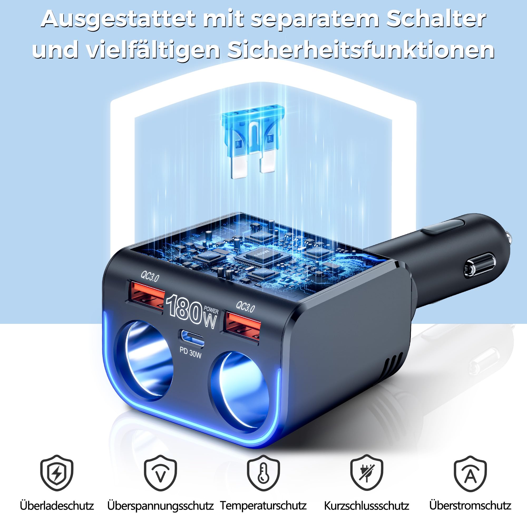 SONRU180W Zigarettenanzünder Verteiler 5 in 1, 24/12 Volt Steckdose Auto Ladegerät KFZ Doppelsteckdose Adapter mit Zwei USB Typ-C Schnellladeanschluss 6