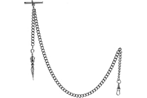 watchvshop Albert Chain Silver Tone Pocket Watch Chain Vest Chain with Ancient Phurba Design Fob on Drop T Bar Swivel Clip AC124A