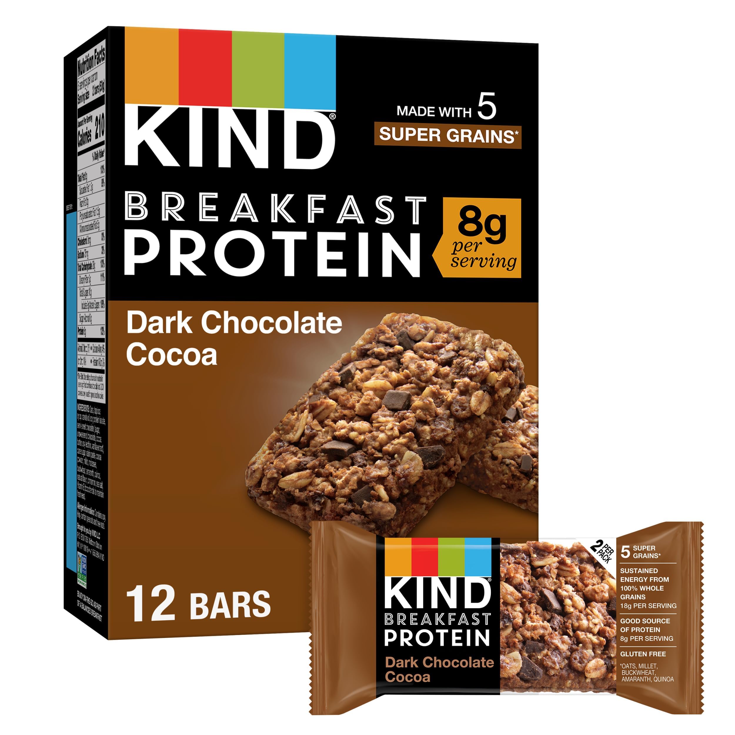 Photo 1 of **** EXP AUG 2026 ***** KIND Breakfast Protein Bars, Dark Chocolate Cocoa, Healthy Snacks, Gluten Free, 8g Protein, 6 Count