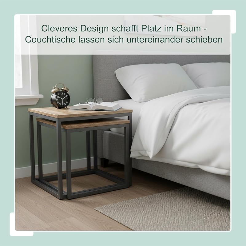 Satztisch 2er Set, Industrial Design, 65 cm & 75 cm, Holzoptik & Metall, eckige Beistelltische, braun/schwarz