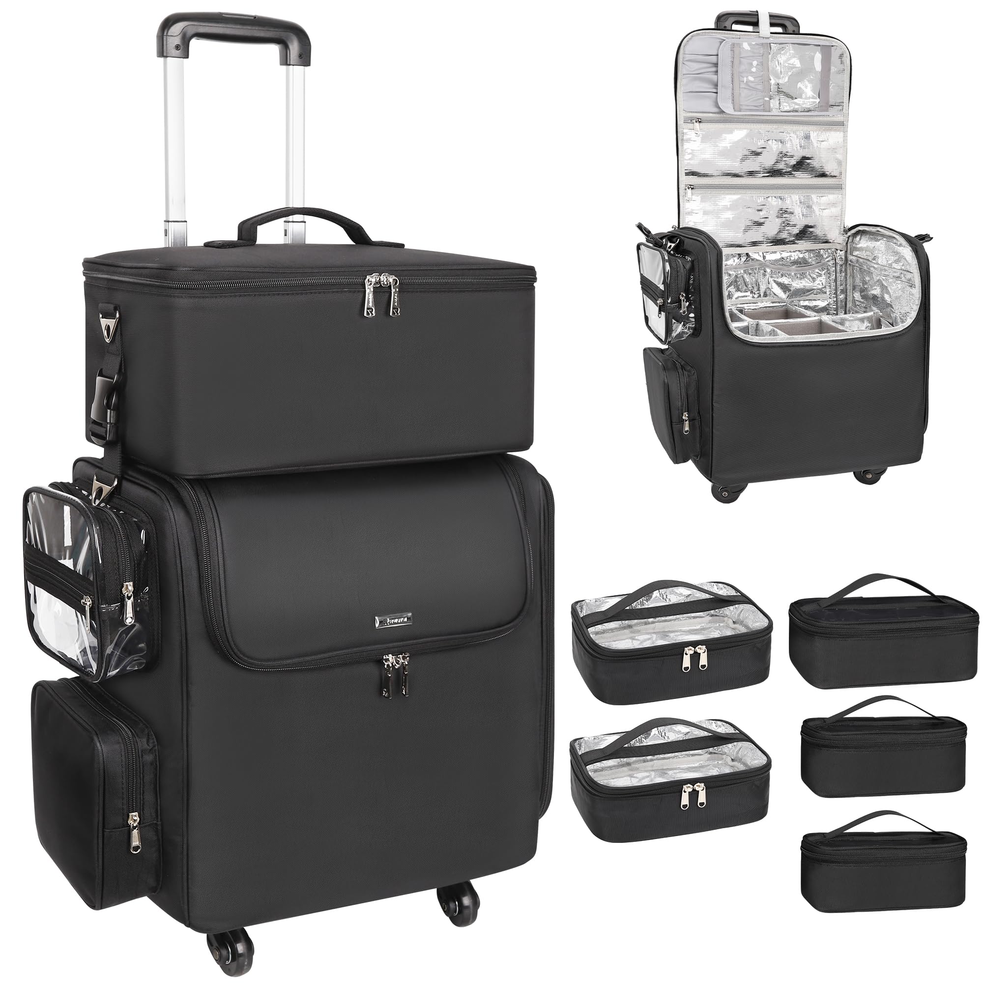 Photo 1 of Relavel Rolling Makeup Train Case with Large Makeup Case, Hairstylist Traveling Bags with 5 Small Clear Bags, Cosmetology Case on Wheels, Hair Tools and Cosmetics Storage Organizer Trolley Suitcase