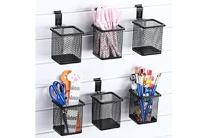 Colingmill 6 Set Slatwall Cup with Hook Black Metal Slatwall Bin Pencil Mesh Wire Holder Slat Wall Accessories for Organizing Various Tools, Garage Home Workshop Office(Square)