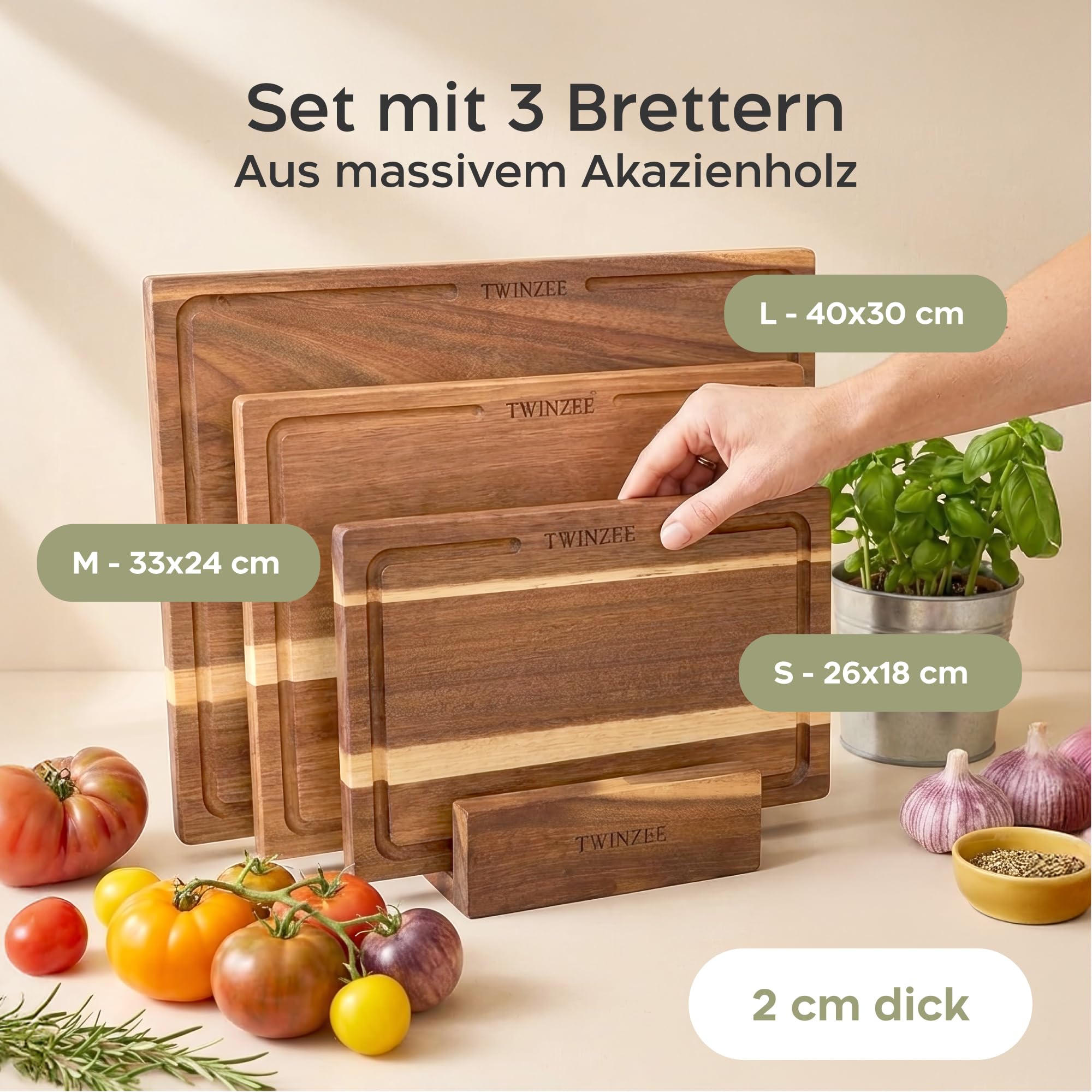 Twinzee Schneidebrett 3er Set (40 x 30/33 x 24/26 x 18 cm) aus Massiver Akazie - Schneidebrett Holz mit Brettständer, 2cm dicke Holzbretter, mit Saftrille 3