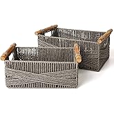 LA JOLIE MUSE Wicker Storage Baskets for Organizing, Recyclable Paper Rope Basket with Wood Handles, Decorative Hand Woven Basket Organizers for Makeup Books Shelves Living Room, Grey, Set of 2