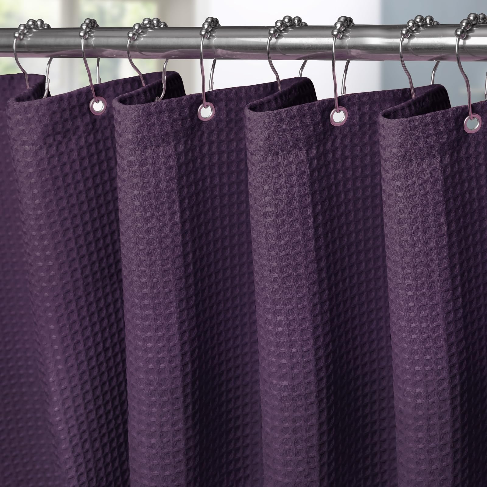 VANZAVANZU Shower Curtain for Bathroom with Metal Hooks Waffle Fabric Shower Curtain Heavy Duty Bath Curtain for Wet Room Bathtub Shower Stall, Weighted Hem, Water Resistant - 182 x 182cm (Purple)