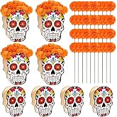 APUDWN 4 Sets Day of The Dead Skull Table Decor Wooden Marigolds Vase | 4 Pack Wooden Sugar Skull Vases with 40 Artificial Marigolds Vintage White Dia de los Muertos Ofrenda Altar Accessories Decor