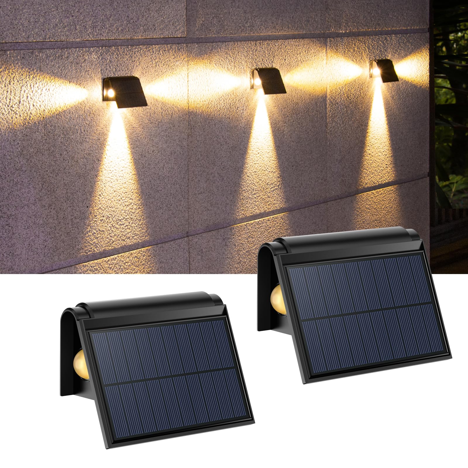YOHAYO Solar Lights Outdoor Three Side Lighting 2 Brightness Levels IP54 Waterproof Solar Lights Outdoor Warm White for Balcony Garden Yard Stairs 2pcs