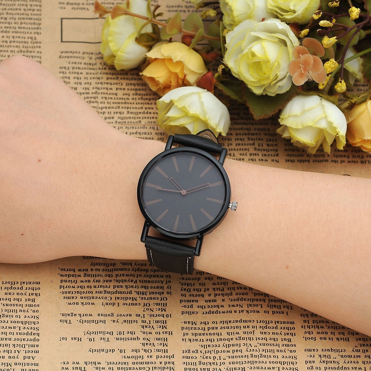Top Plaza Mens Womens Analog Quartz Wrist Watch Fashion Simple Watch with Black Leather Band Large Face