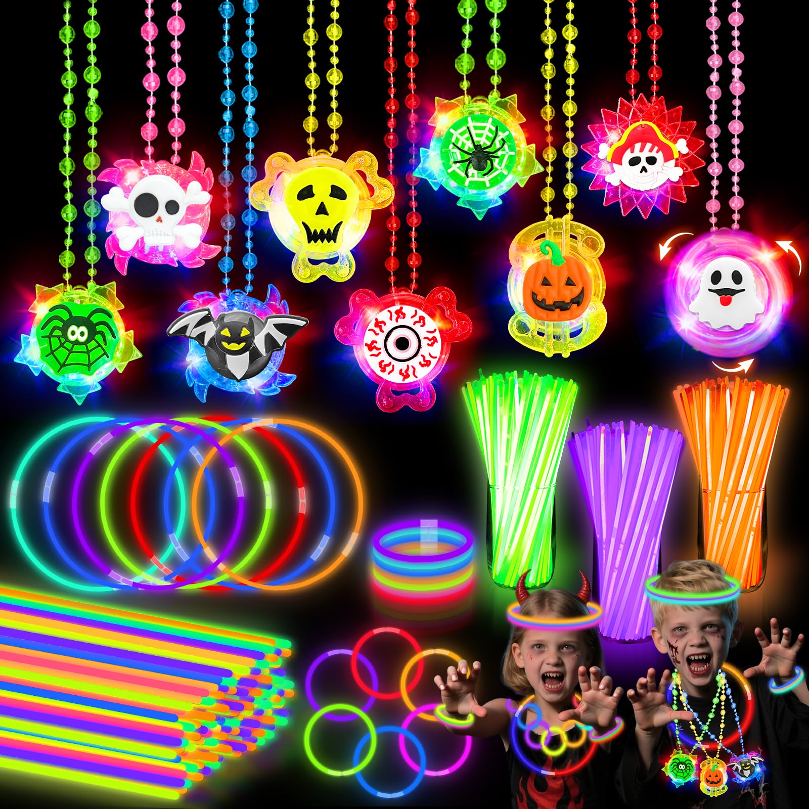 Photo 1 of 110 PCS Halloween Party Favors 10 Rotating Spin Light Up Necklaces 100 Glow Sticks Bulk with Connectors Necklace Bracelets Halloween Glow Accessories Toy Goodie Bag Filler Trick or Treat Supplies