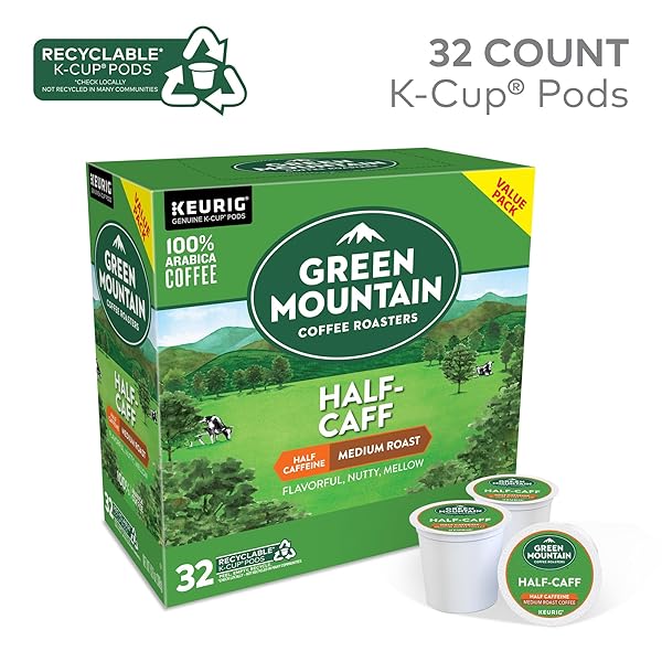 GREEN MOUNTAIN COFFEE ROASTERS HALF CAFF, SINGLE-SERVE KEURIG K-CUP PODS, MEDIUM ROAST COFFEE PODS, 32 COUNT