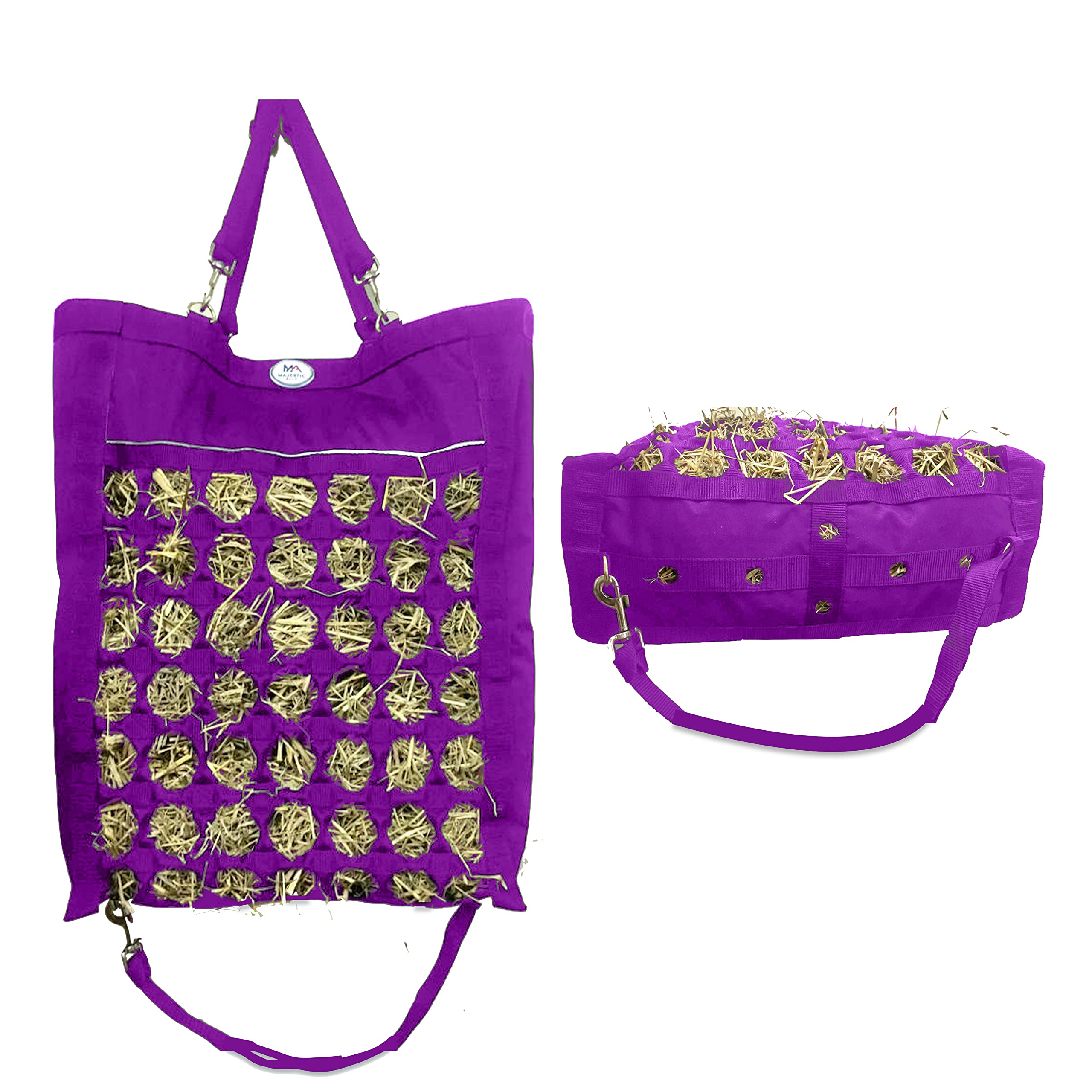 Majestic Ally Nylon Reflective 2.5" Octagon Hole Slow Feed Hay Bag for Horses, Adjustable Travel Feeder for Trailer, Stall, Simulates Grazing, Reduces Waste (Purple)