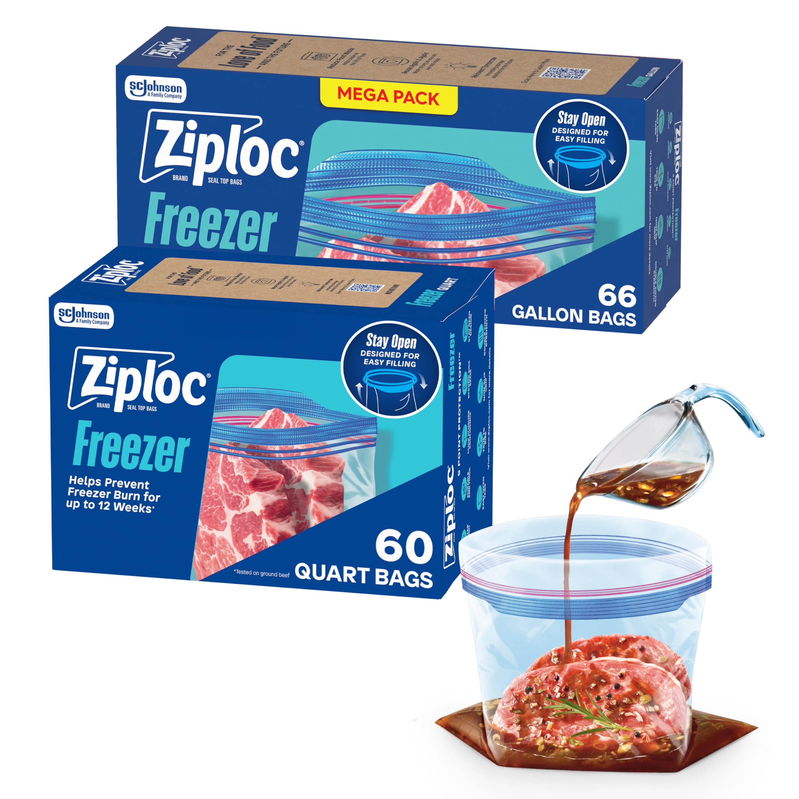 Ziploc Gallon and Quart Freezer Storage Bags, Stay Open Design, Easy to Fill, 66 and 60 Count