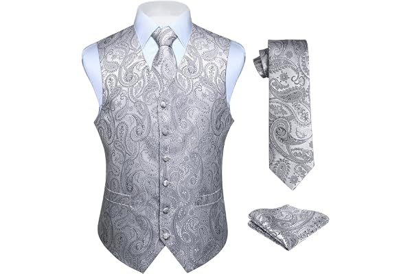 HISDERN Men's Classic Paisley Floral Jacquard Waistcoat & Necktie and Pocket Square Vest Suit Set